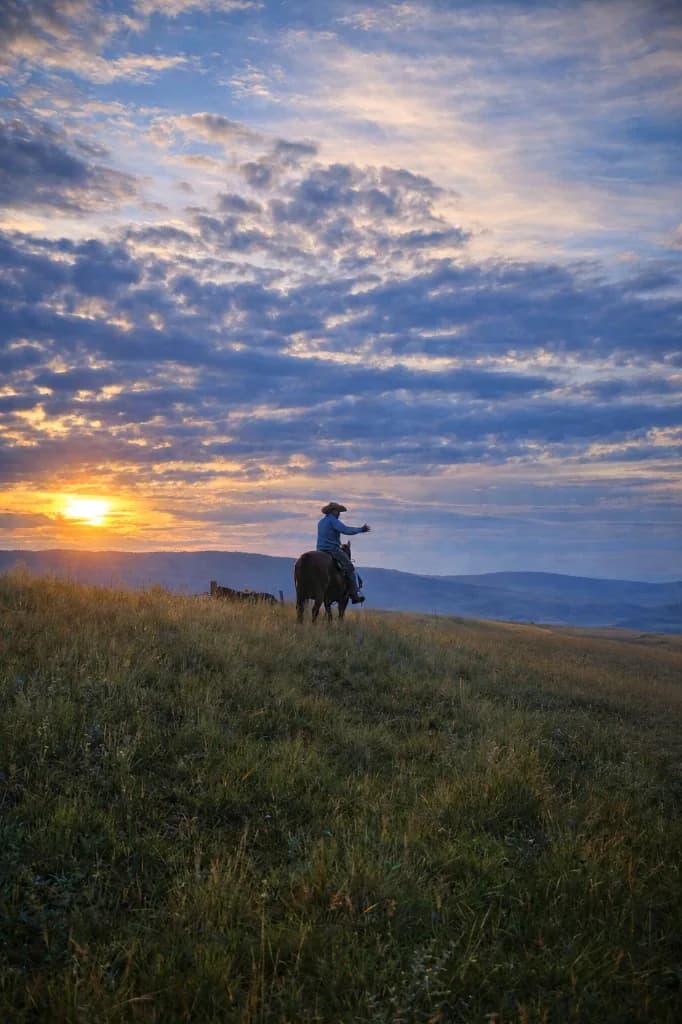 A Pacheco rancher on horseback at sunset overlooking the ranch